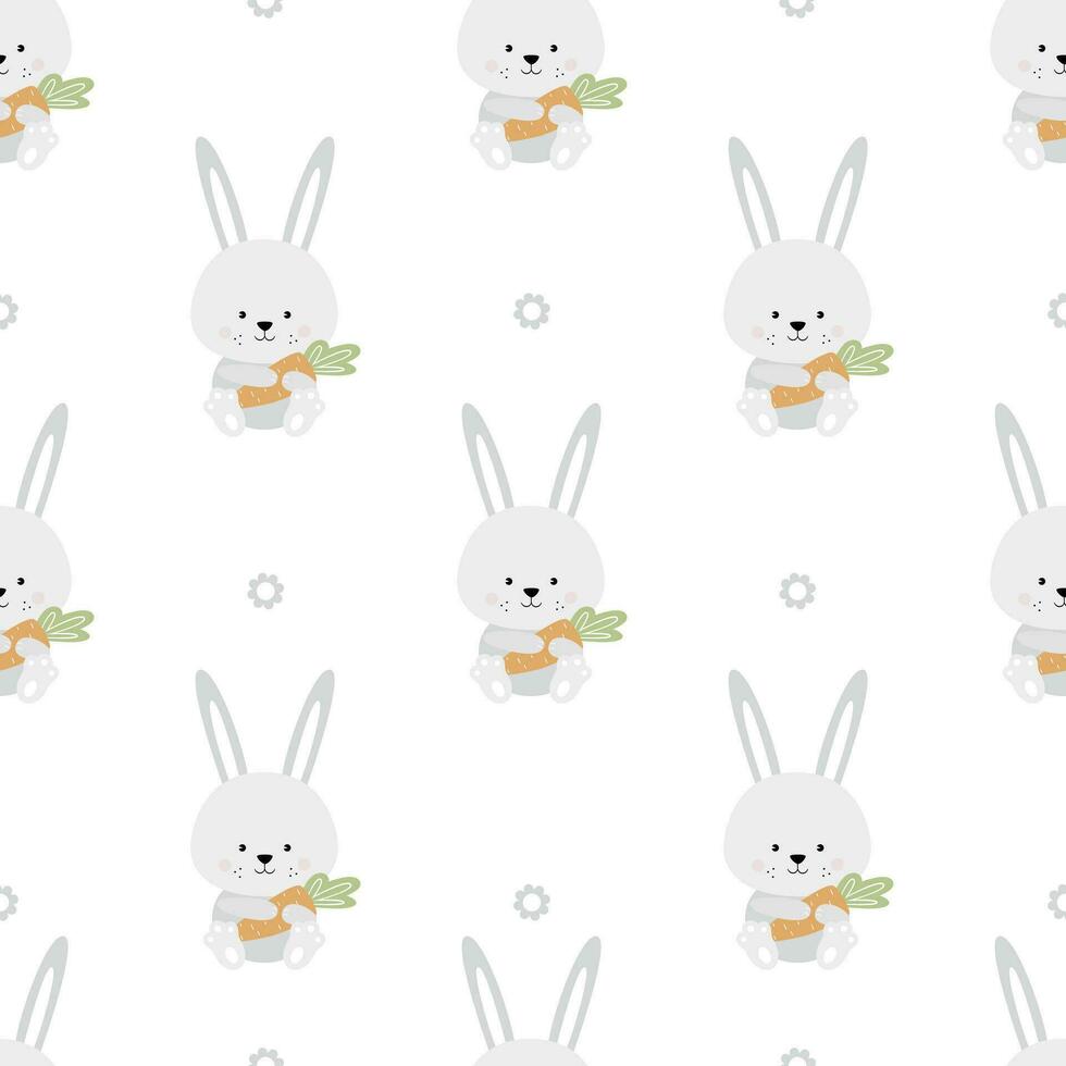 carino coniglietti con carote e fiori. infantile modello con conigli e carote. Stampa per neonato ragazza o ragazzo. vettore
