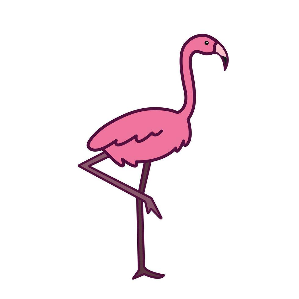 fenicottero uccello rosa colorato vettore icona delineato isolato su piazza bianca sfondo. semplice piatto mare marino animale creature delineato cartone animato disegno. In piedi su uno gamba uccello.