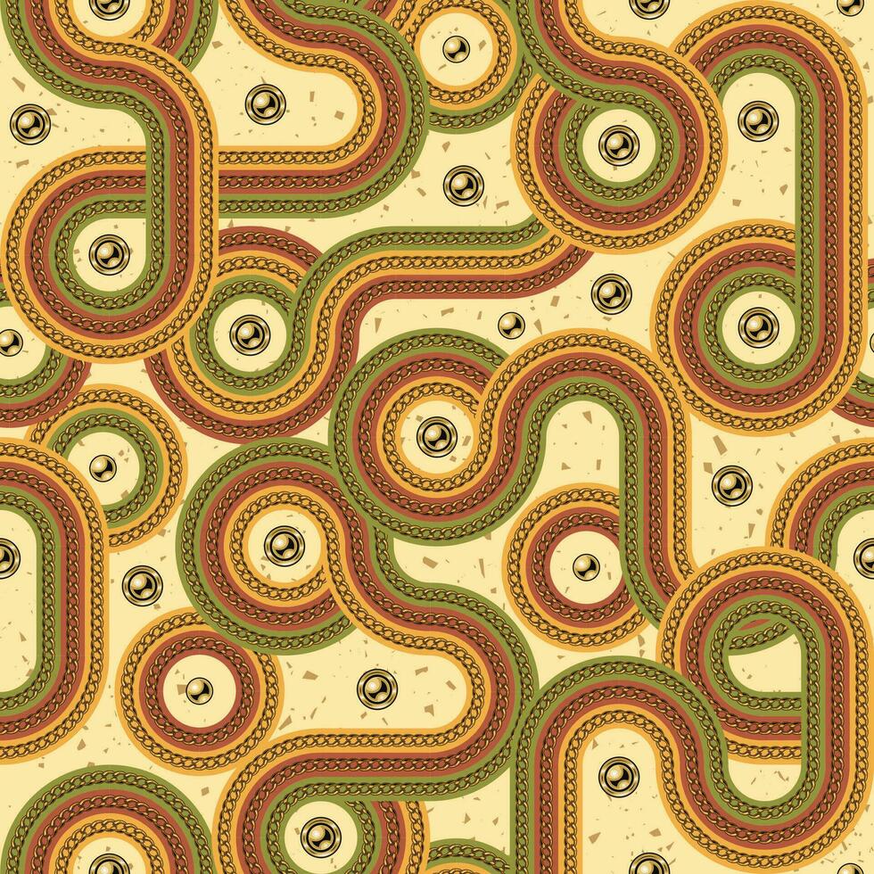 retrò 70s geometrico senza soluzione di continuità modello con Vintage ▾ colore Linee con Catene e oro perline. a strisce astratto Anni '70 colorato sfondo. vecchio stile design. vettore