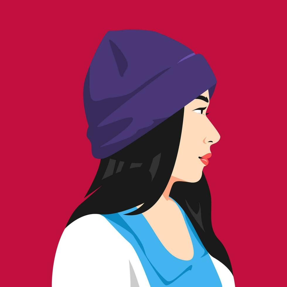 ritratto di un' donna indossare un' Beanie con un' lungo dritto acconciatura. lato Visualizza. adatto per avatar, sociale media profilo, Stampa, eccetera. piatto vettore grafica.
