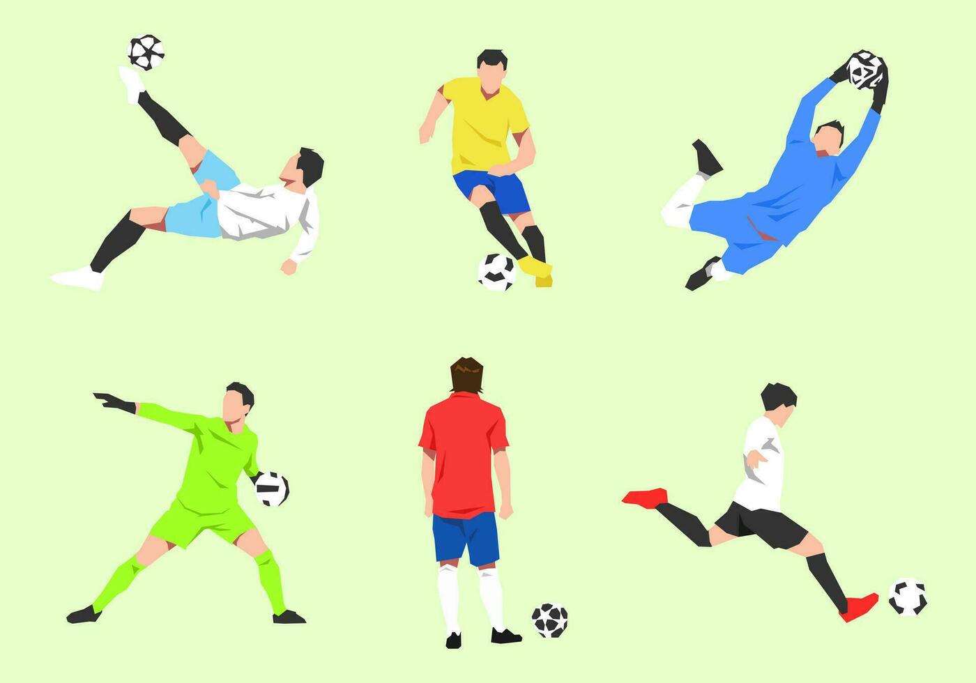 impostato di parecchi calcio atleti con diverso pose, posizioni, colori. concetto di sport, calcio, attività. piatto vettore illustrazione.