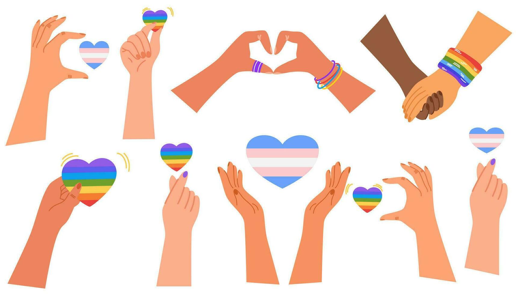 lgbt Comunità. mano con lgbt bandiera o arcobaleno bandiera e cuori. lgbt orgoglio o arcobaleno elementi nel vario forme design. vettore impostato illustrazioni di gay orgoglio manifesti