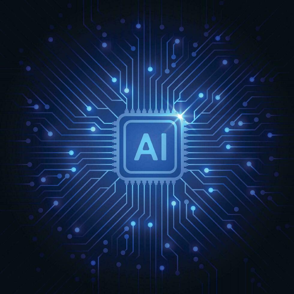 chipset di intelligenza artificiale sul circuito stampato in opere d'arte futuristiche di tecnologia concettuale per web, banner, carta, copertina. illustrazione vettoriale
