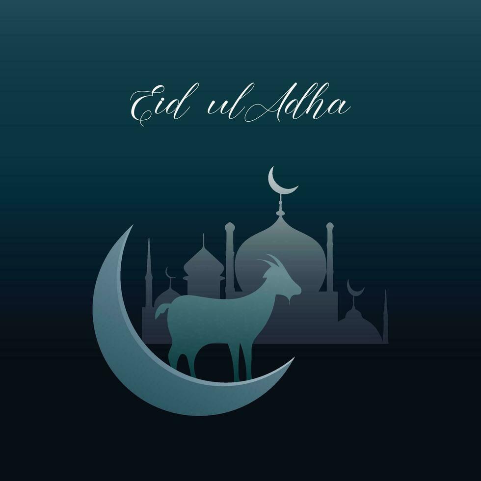 Eid-ul-Adha mubarak sfondo con mucca, capra silhouette e moschea illustrazione nel mezzaluna Luna luce. vettore