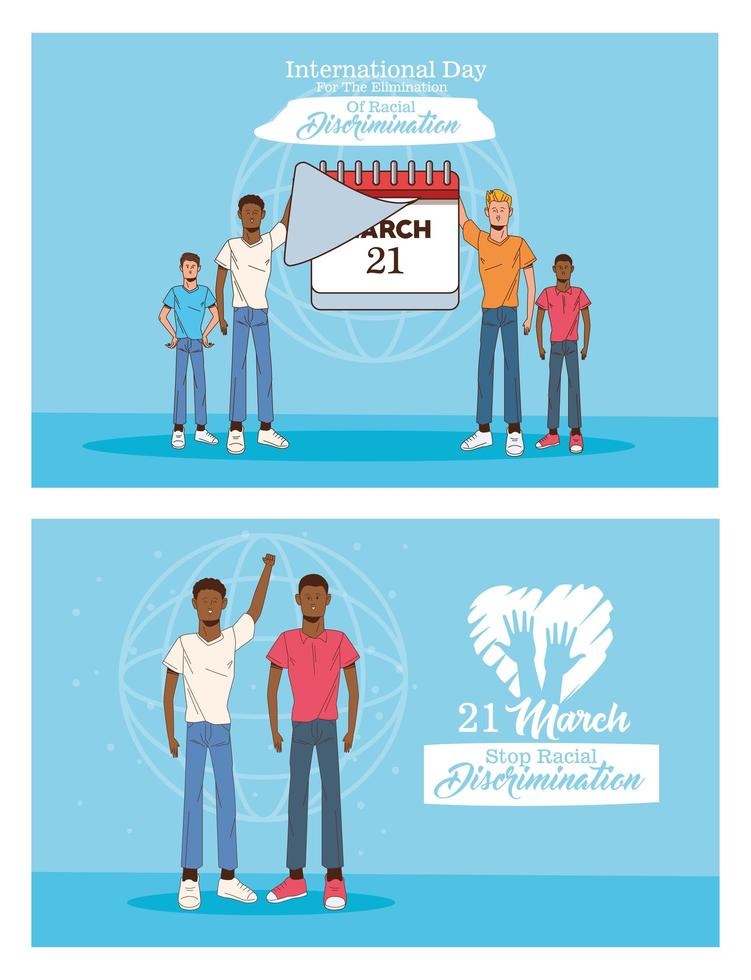 ferma il poster della giornata internazionale del razzismo con uomini e calendario interrazziali vettore