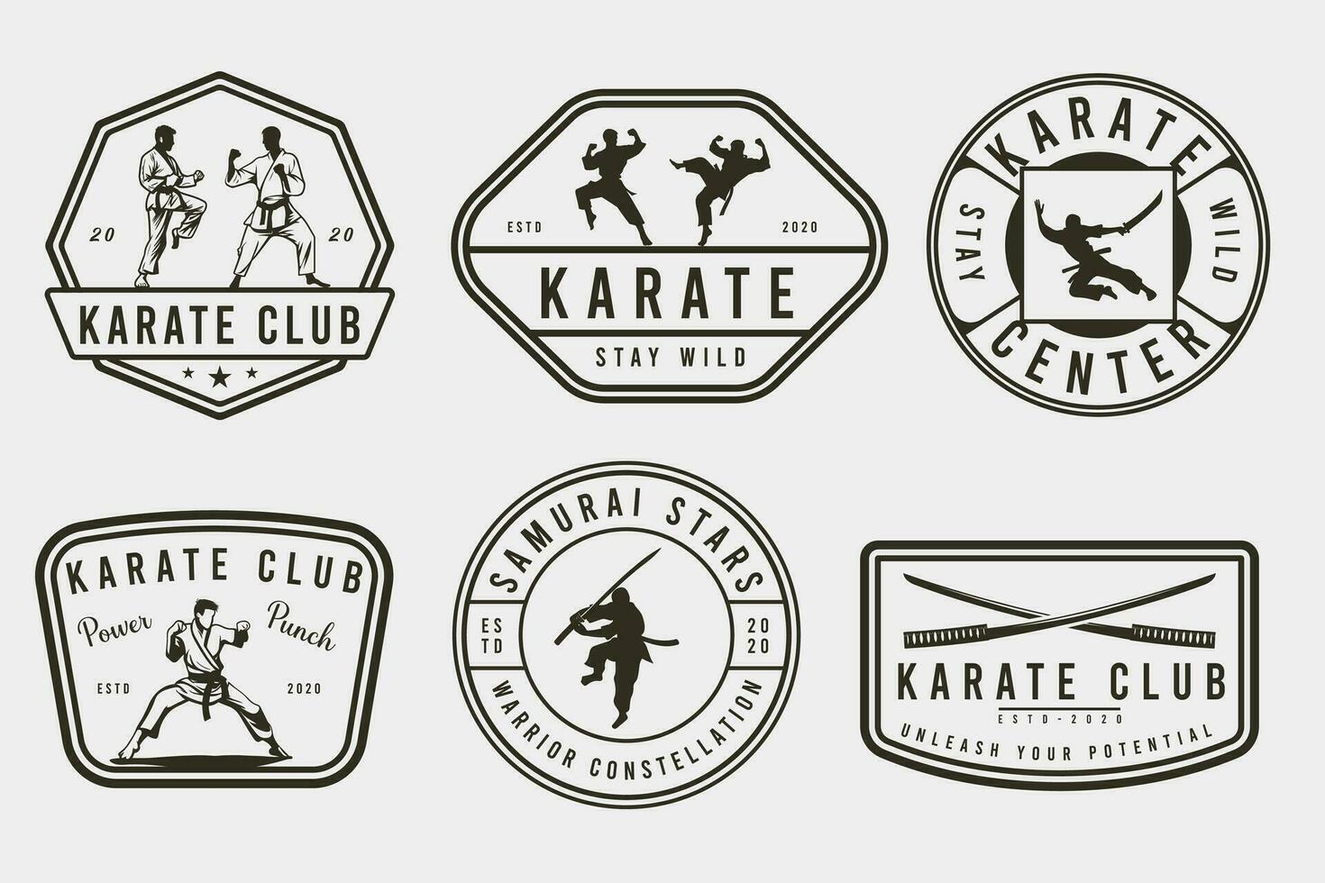 impostato di Vintage ▾ karatè o marziale arti logo, emblemi, icone, e etichette. monocromatico stile. retrò karatè club badge impostato silhouette. vettore