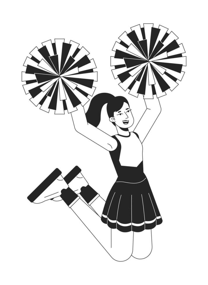 cheerleader ragazza salto piatto linea nero bianca vettore carattere. modificabile schema pieno corpo scolara nel uniforme con cheerleading poms su bianca. semplice cartone animato individuare illustrazione per ragnatela grafico
