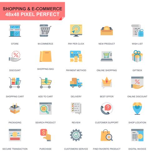 Set semplice Shopping e icone piatte di e-commerce vettore