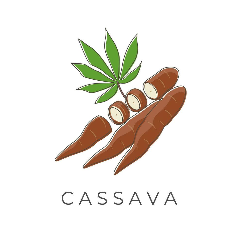 illustrazione logo cartone animato fette manioca radice con le foglie vettore