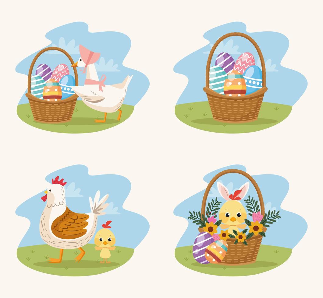carta di buona pasqua con scene dipinte di animali e uova vettore