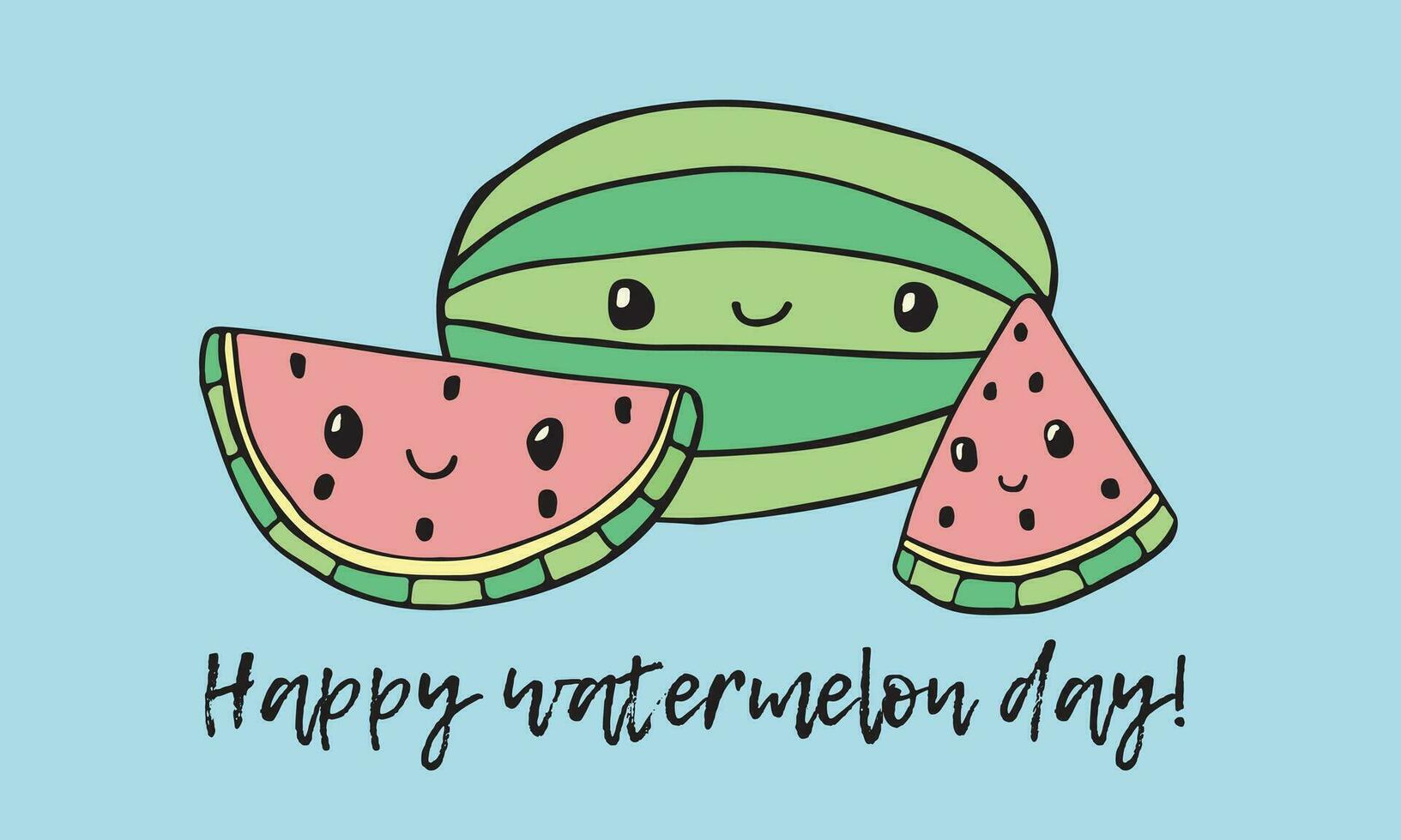 vettore scarabocchio anguria cartolina disegno, contento anguria giorno, kawaii frutta fetta, estate vacanza