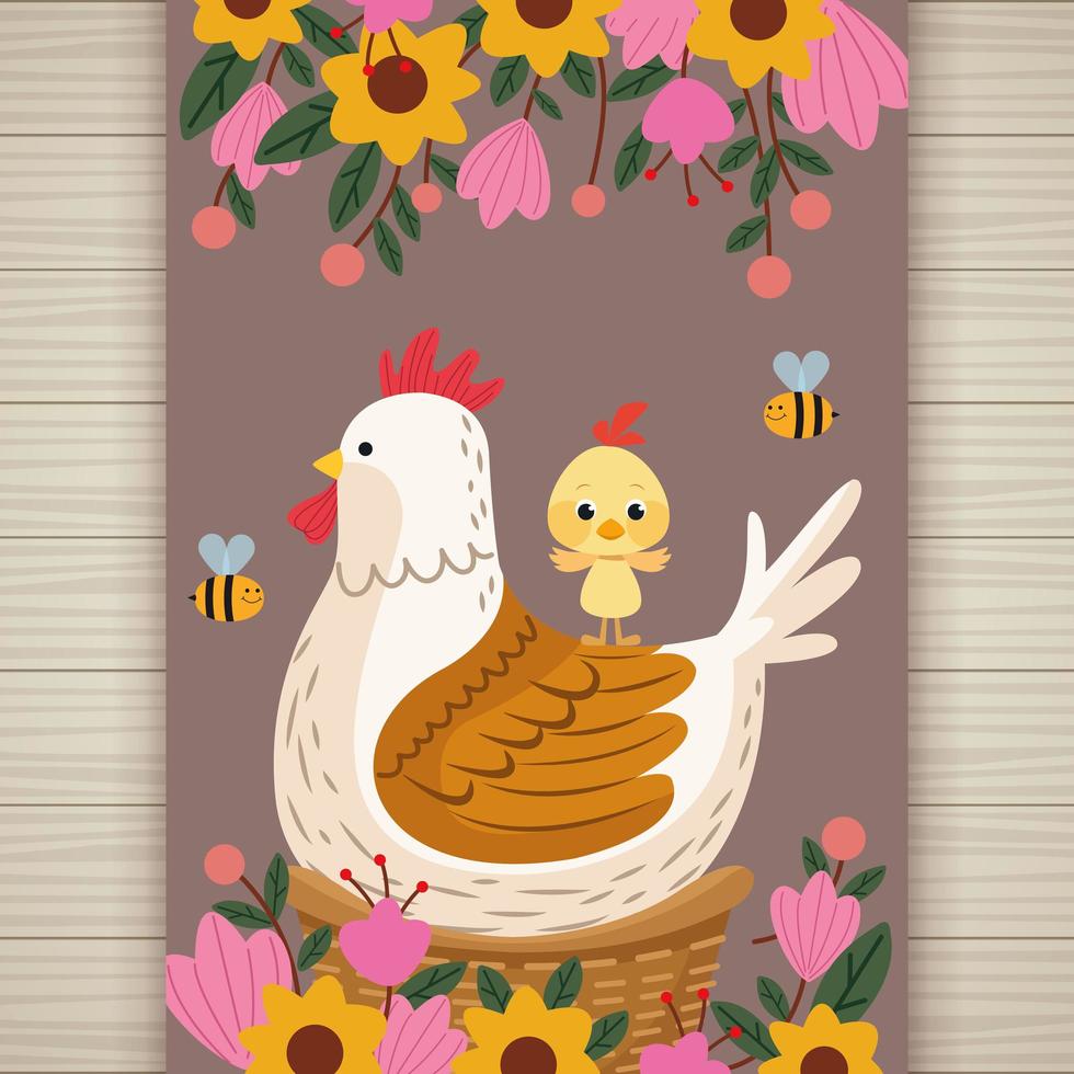 biglietto di buona pasqua con famiglia di galline e fiori nel cestino vettore