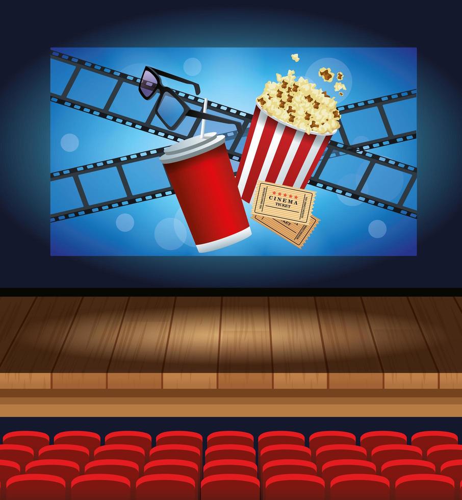 intrattenimento cinematografico con bibite e pop corn vettore