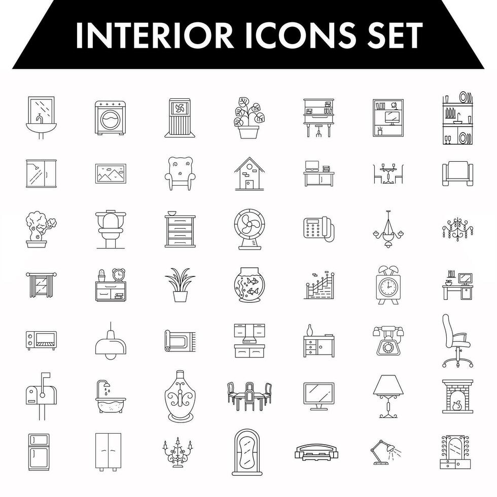 interno o vivente camera oggetti icona impostato nel nero linea arte. vettore