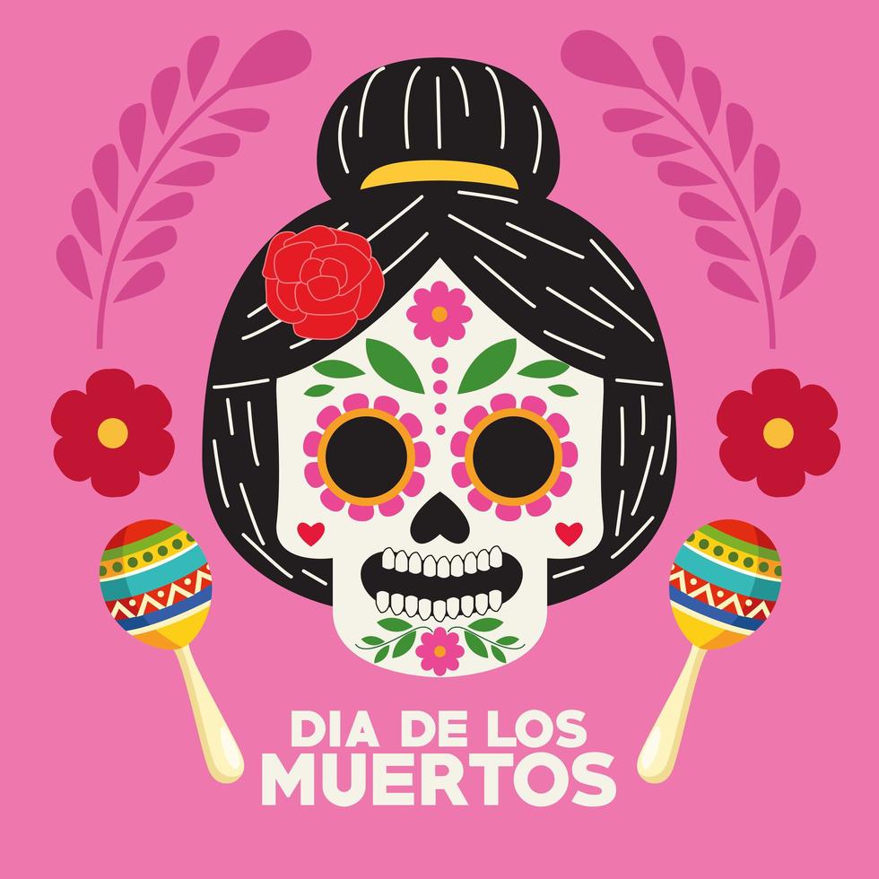 poster di celebrazione del dia de los muertos con testa di catrina e maracas vettore