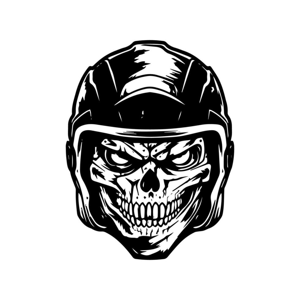 unico mano disegnato logo design con un' cranio zombie con un' motociclo motociclista casco, che rappresentano ribellione, Pericolo, e un' impavido spirito vettore