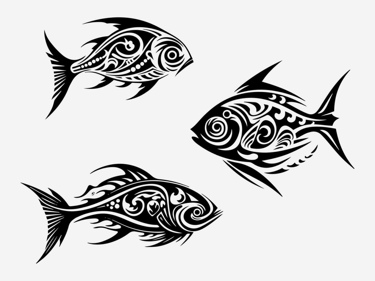 occhio attraente mano disegnato logo design illustrazione in mostra un' pesce tribale tatuaggio, incarnando resilienza, fluidità, e il profondità di il oceano vettore