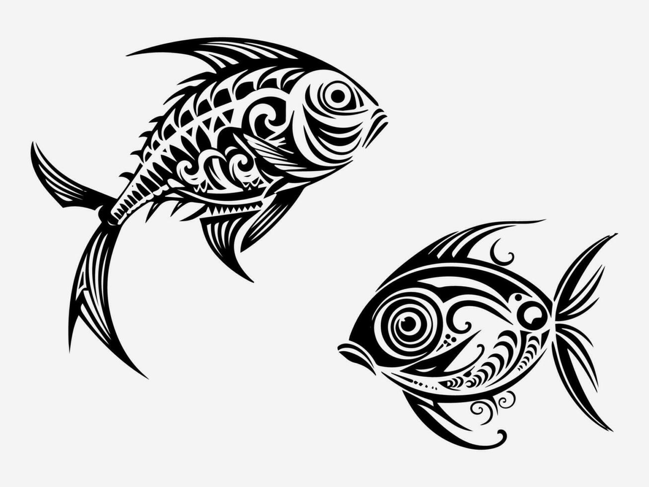 occhio attraente mano disegnato logo design illustrazione in mostra un' pesce tribale tatuaggio, incarnando resilienza, fluidità, e il profondità di il oceano vettore