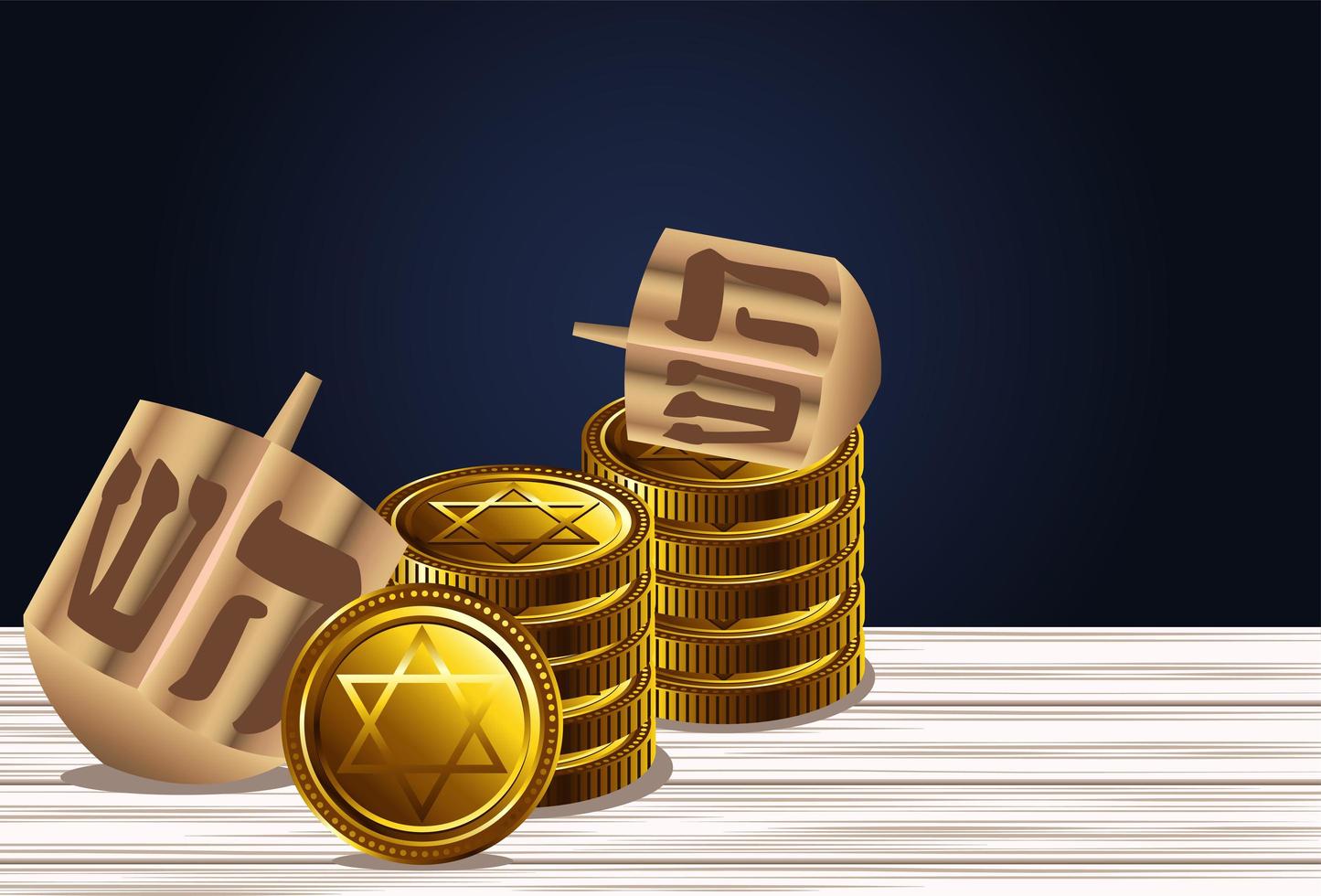 felice celebrazione di hanukkah con dreidels e monete vettore