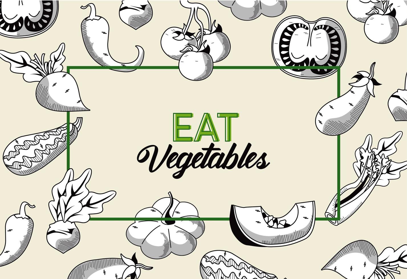 mangia verdure scritte poster con cibo sano in cornice quadrata vettore