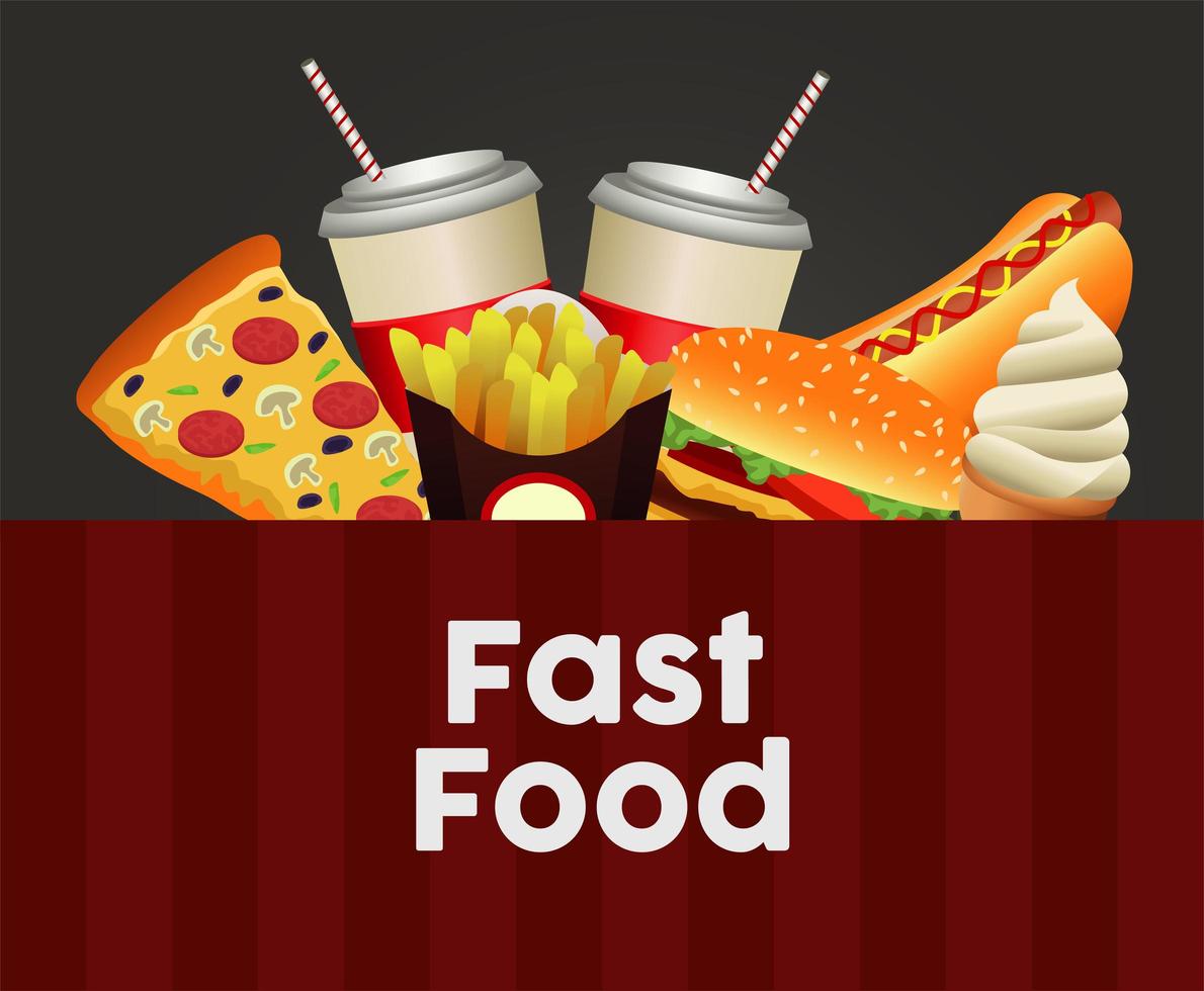 delizioso modello di menu fast food in sfondo nero e rosso vettore