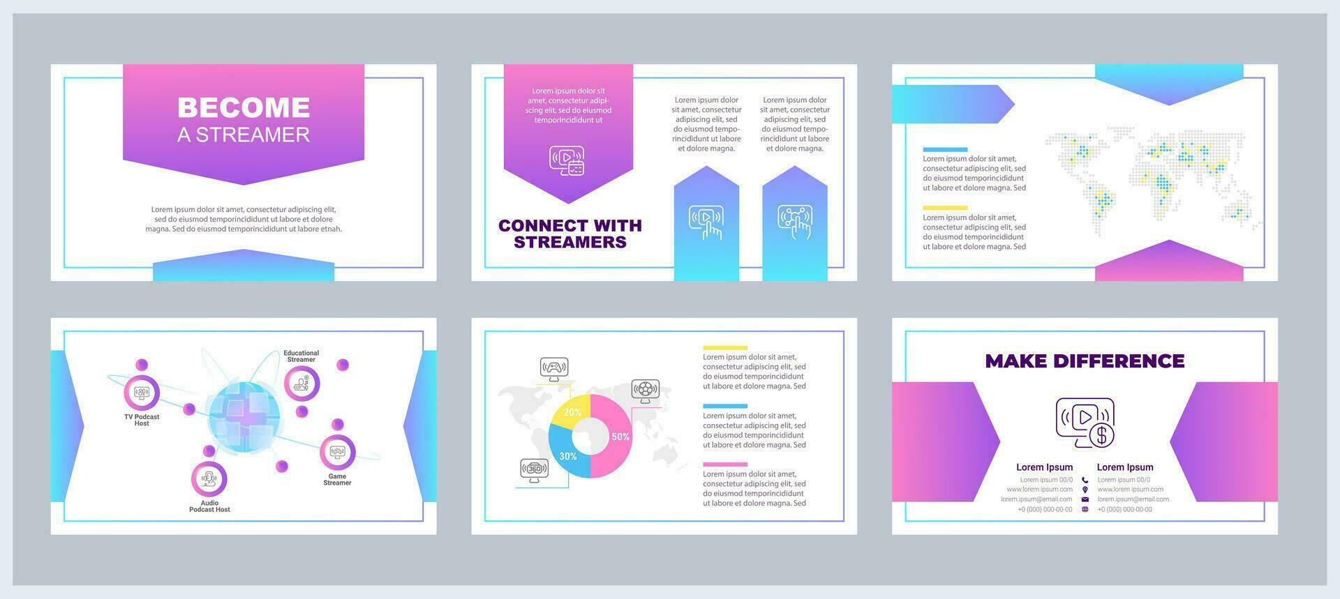 diventare stella filante presentazione modelli impostare. soddisfare creando. inizio streaming carriera. professionale giocatore. pronto fatto ppt scivoli su bianca sfondo. grafico design vettore