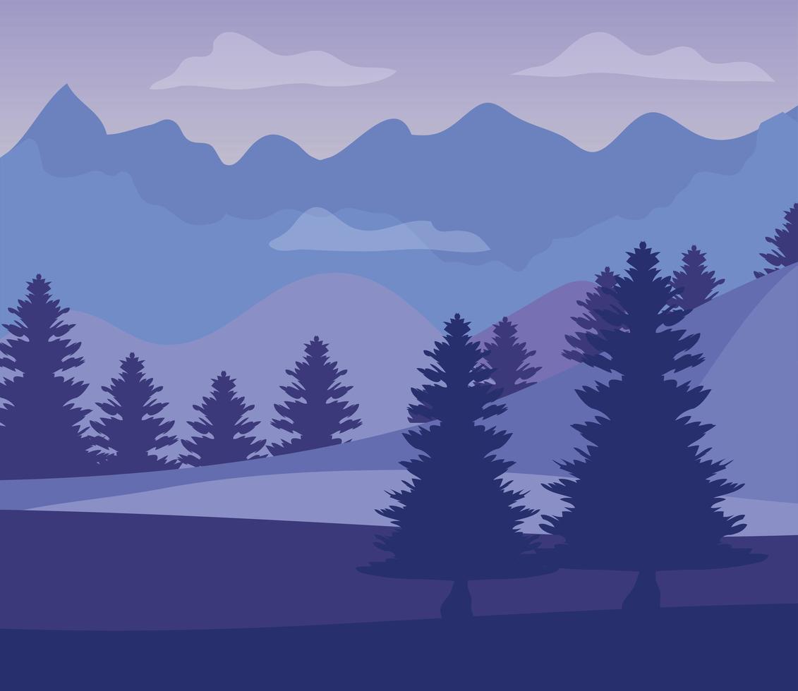 paesaggio viola con sagome di montagne con alberi di pino vettore