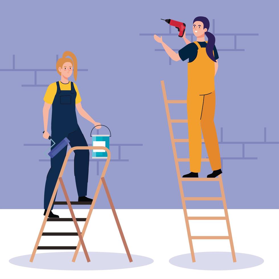 cartoni animati di donne con trapano da costruzione e secchio di vernice su disegno vettoriale scala