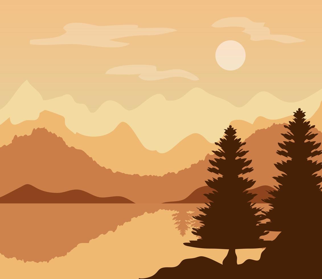 paesaggio nel momento del tramonto con alberi di pino e lago vettore