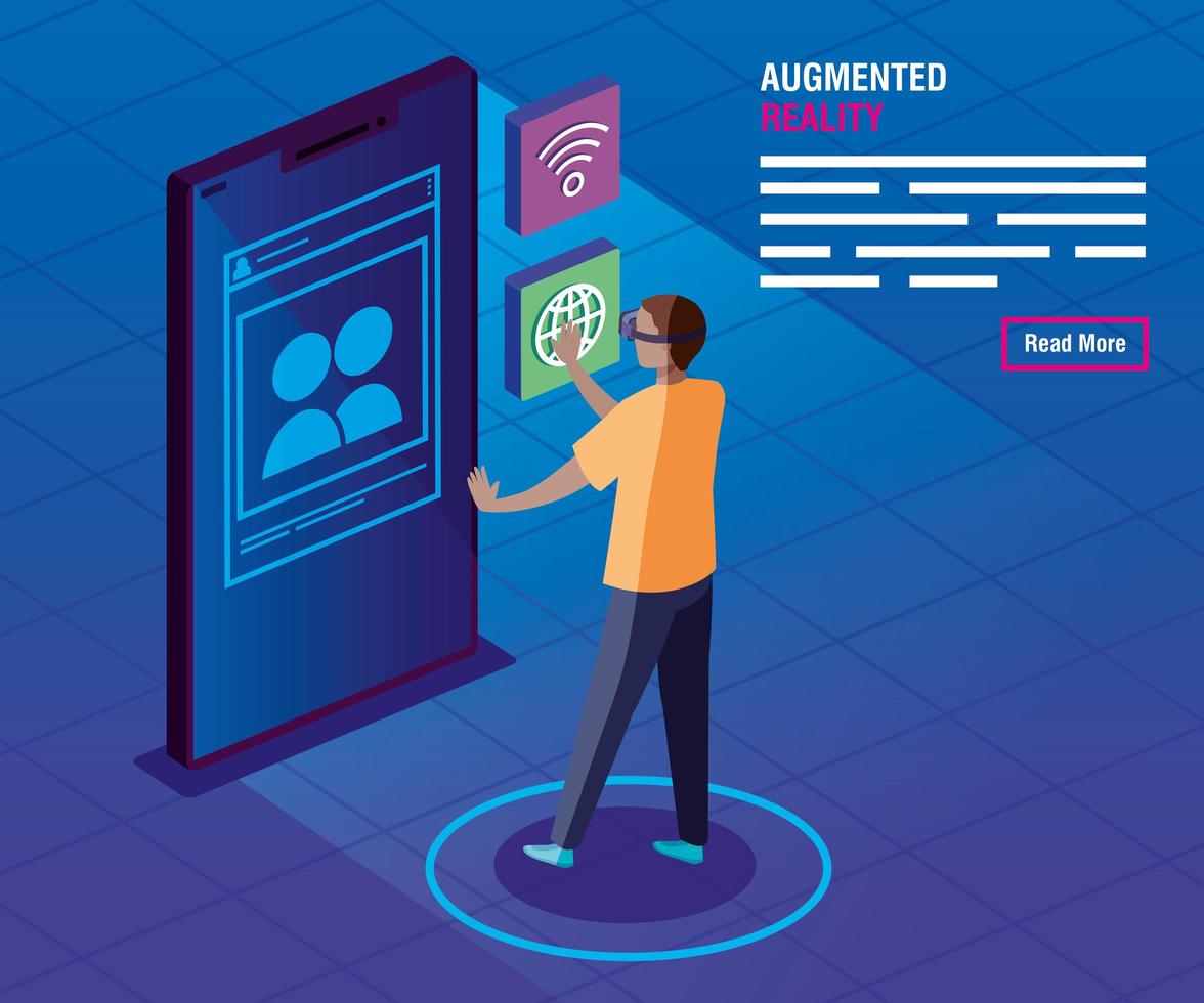 uomo con occhiali di realtà aumentata e icone vettore