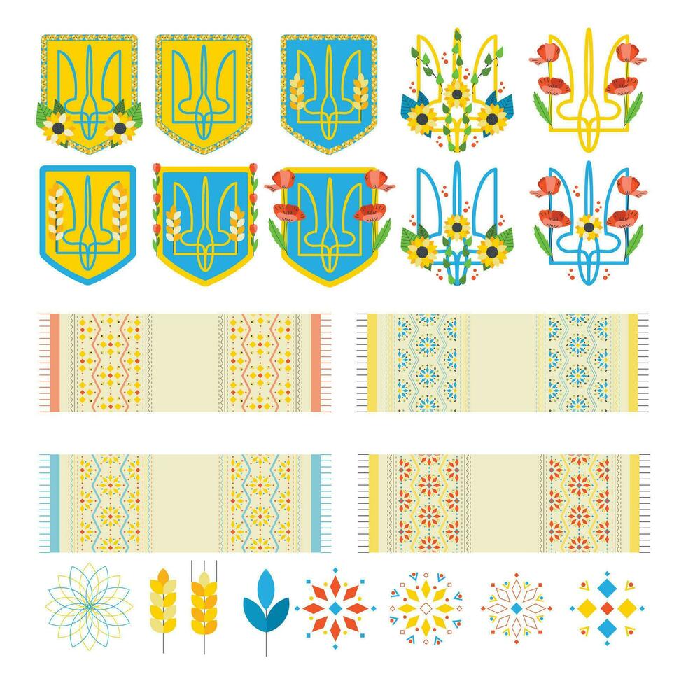 un' impostato di elementi di un' cappotto di braccia, un' bandiera, ricamato asciugamani, un ornamento. ucraino simboli. vettore