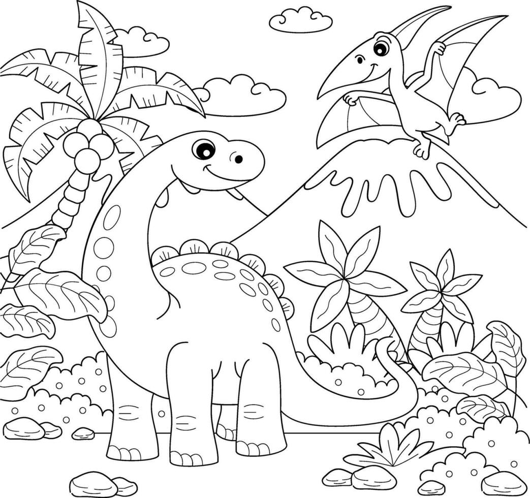 colorazione pagina per bambini. carino dinosauri nel il giungla. vettore