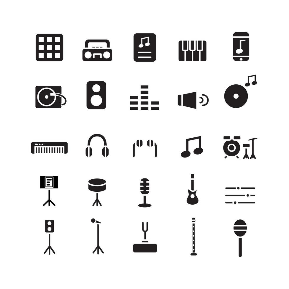 set di icone musicali vettore solido per social media di presentazione di app mobili del sito Web adatto per l'interfaccia utente e l'esperienza dell'utente