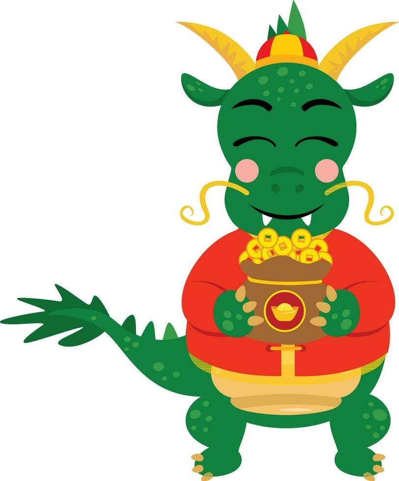 carino Cinese zodiaco verde Drago Tenere un' Borsa di oro monete vettore