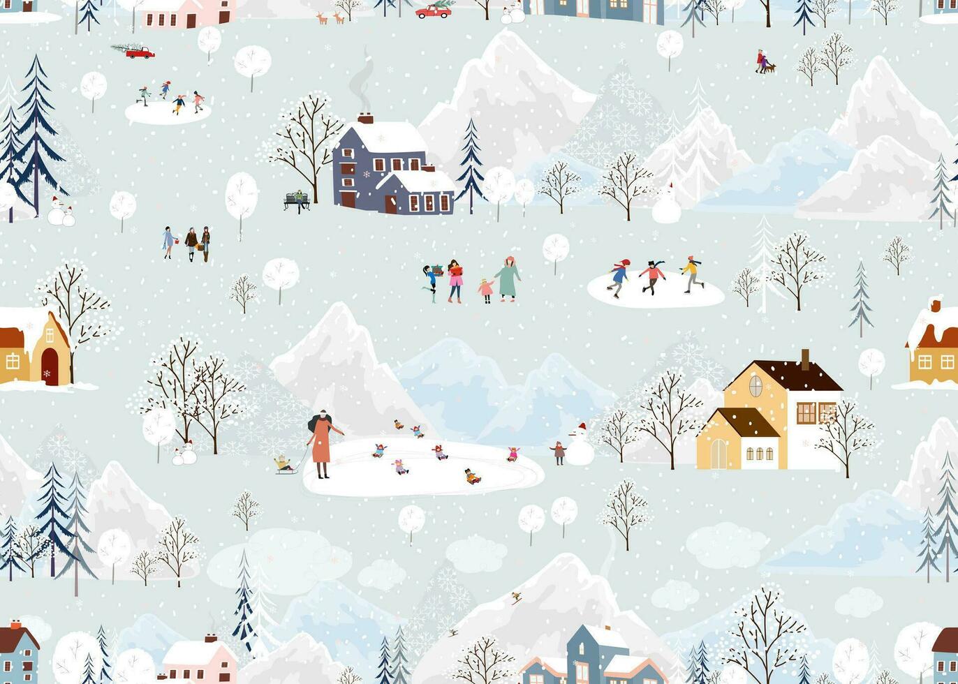 senza soluzione di continuità modello inverno paesaggio, festeggiare Natale e nuovo anno 2024 nel villaggio a notte con contento persone giocando ghiaccio pattinare nel il parco, vettore orizzontale bandiera inverno Paese delle meraviglie nel campagna
