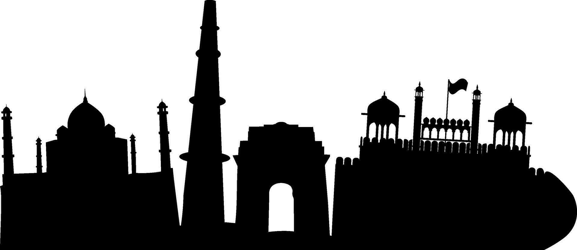 silhouette di taj mahal, qutub minare, India cancello e rosso forte. vettore