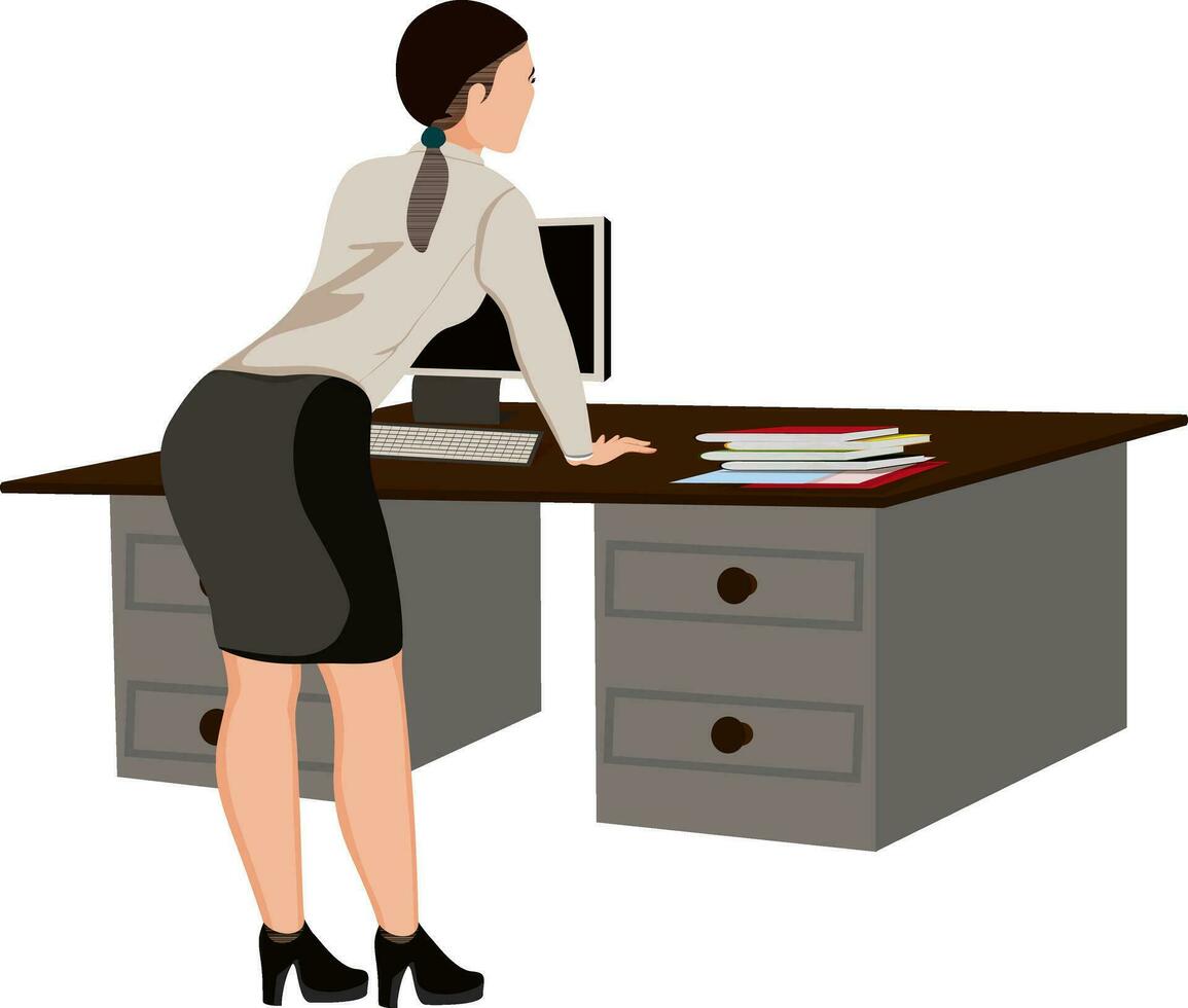 attività commerciale signora personaggio in piedi su sua Lavorando scrivania sostegno. vettore