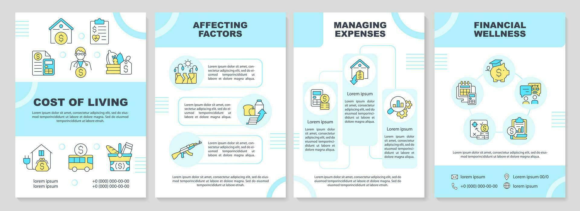 costo di vivente turchese opuscolo modello. di base bisogno. volantino design con lineare icone. modificabile 4 vettore layout per presentazione, annuale rapporti