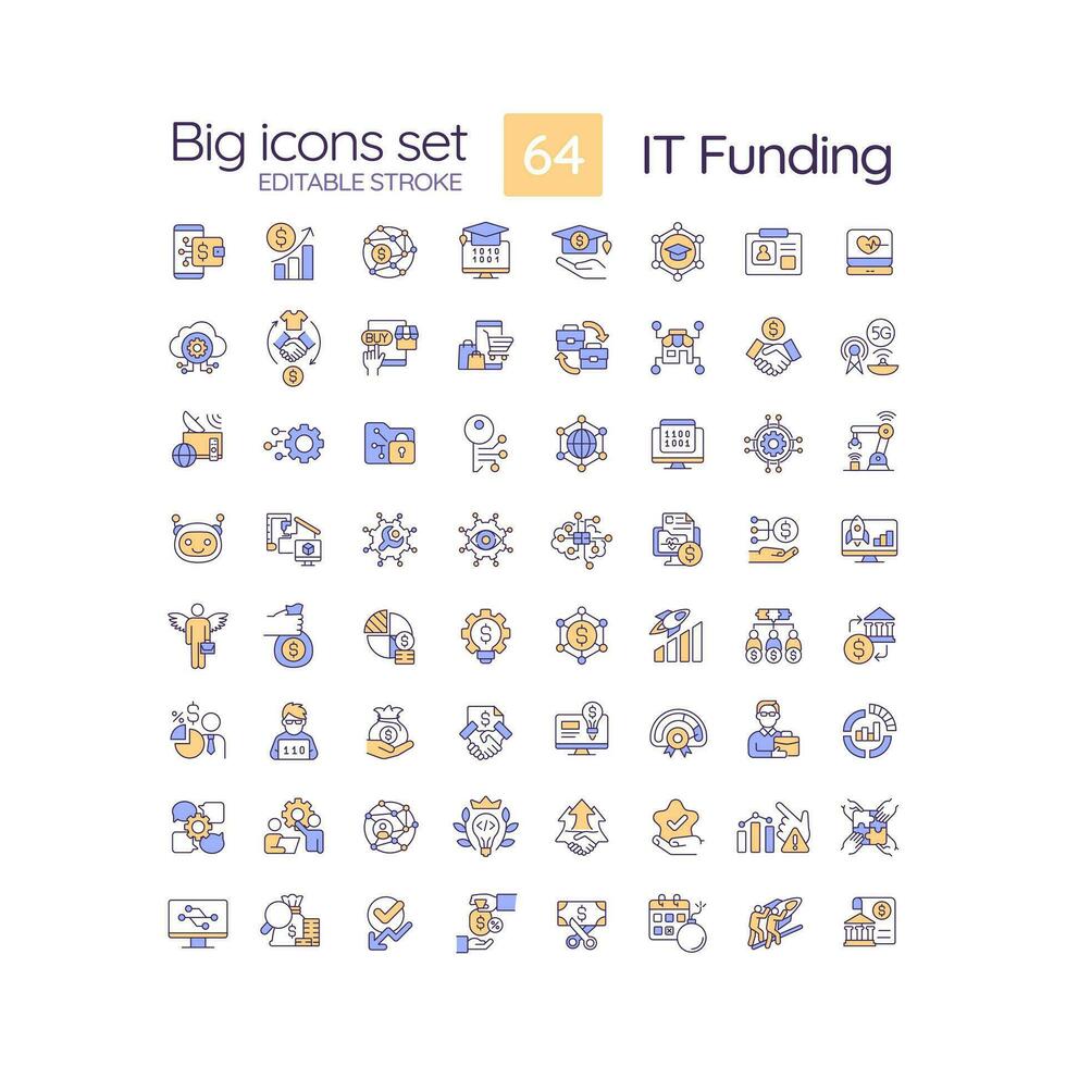 esso finanziamento rgb colore icone impostare. investimento nel Software sviluppo. finanziario risorse di Tech sviluppo. isolato vettore illustrazioni. semplice pieno linea disegni collezione. modificabile ictus