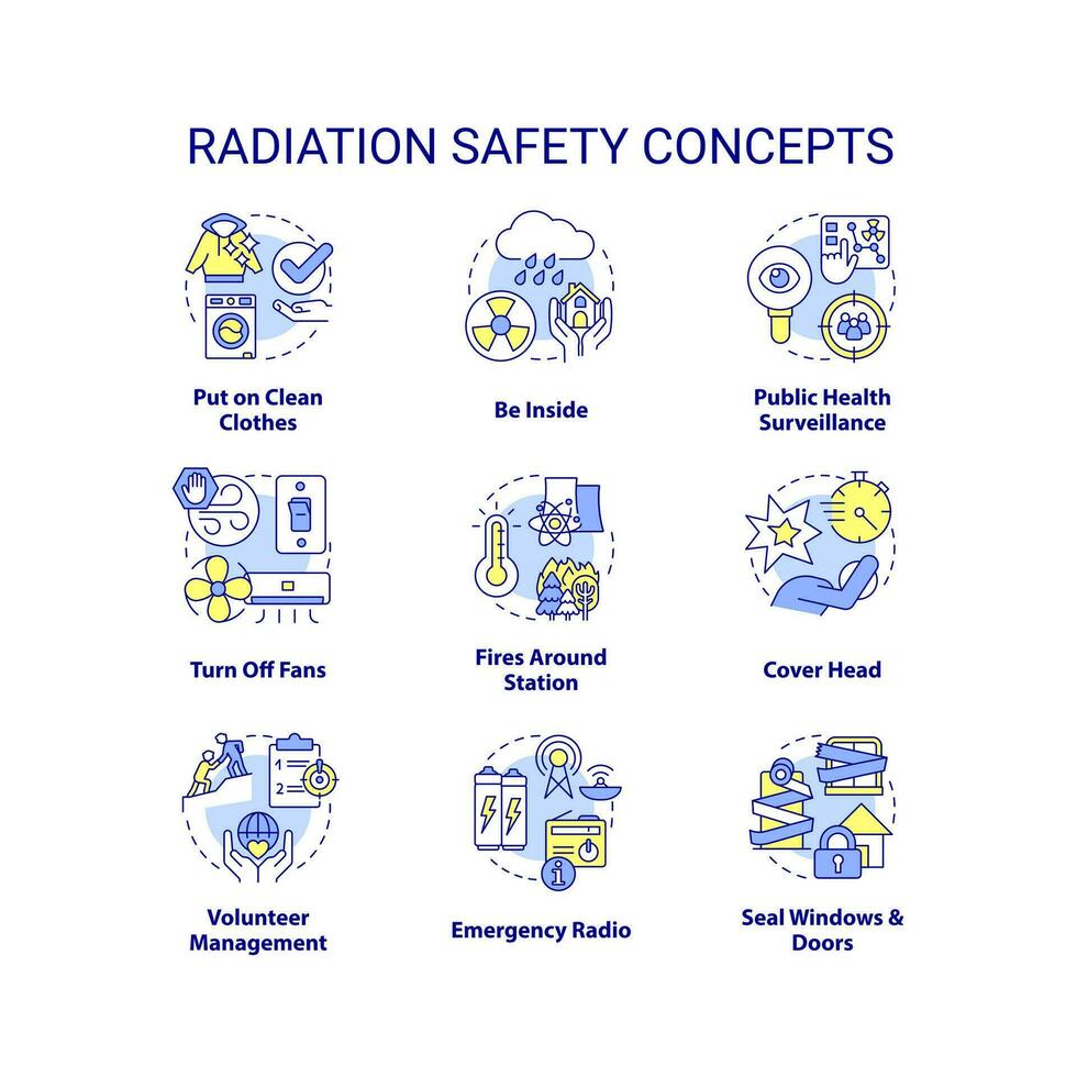 radiazione sicurezza concetto icone impostare. radioattivo contaminazione sopravvivendo idea magro linea colore illustrazioni. isolato simboli. modificabile ictus vettore