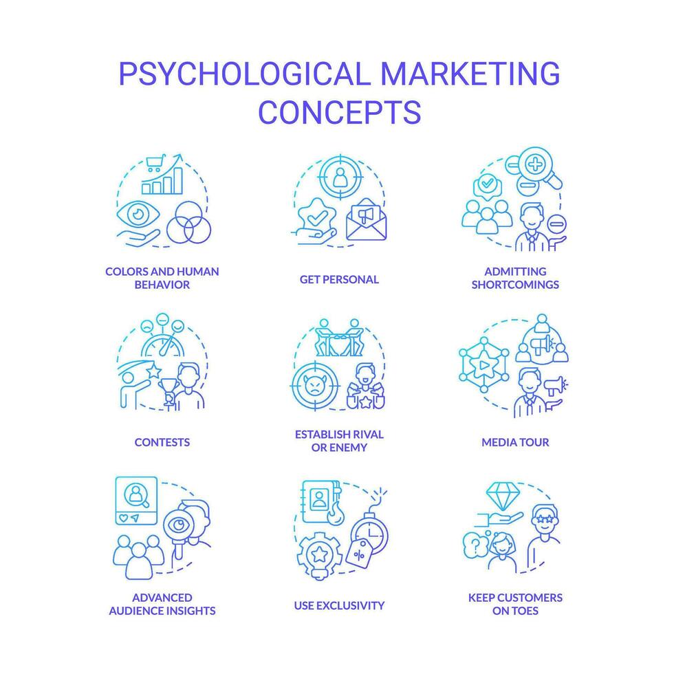 psicologico marketing strategie concetto blu pendenza icone impostare. consumatori ritenzione idea magro linea colore illustrazioni. isolato simboli vettore