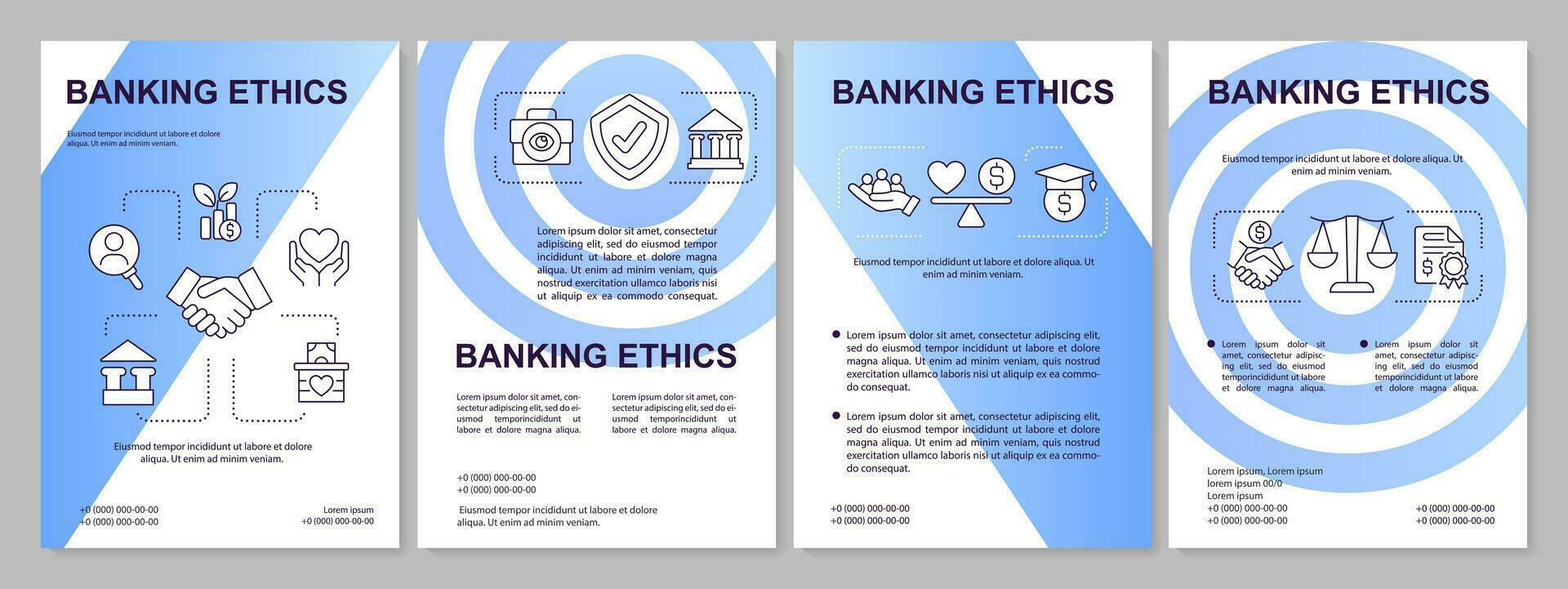 etico pratiche nel banche blu pendenza opuscolo modello. redditività. volantino design con lineare icone. 4 vettore layout per presentazione, annuale rapporti