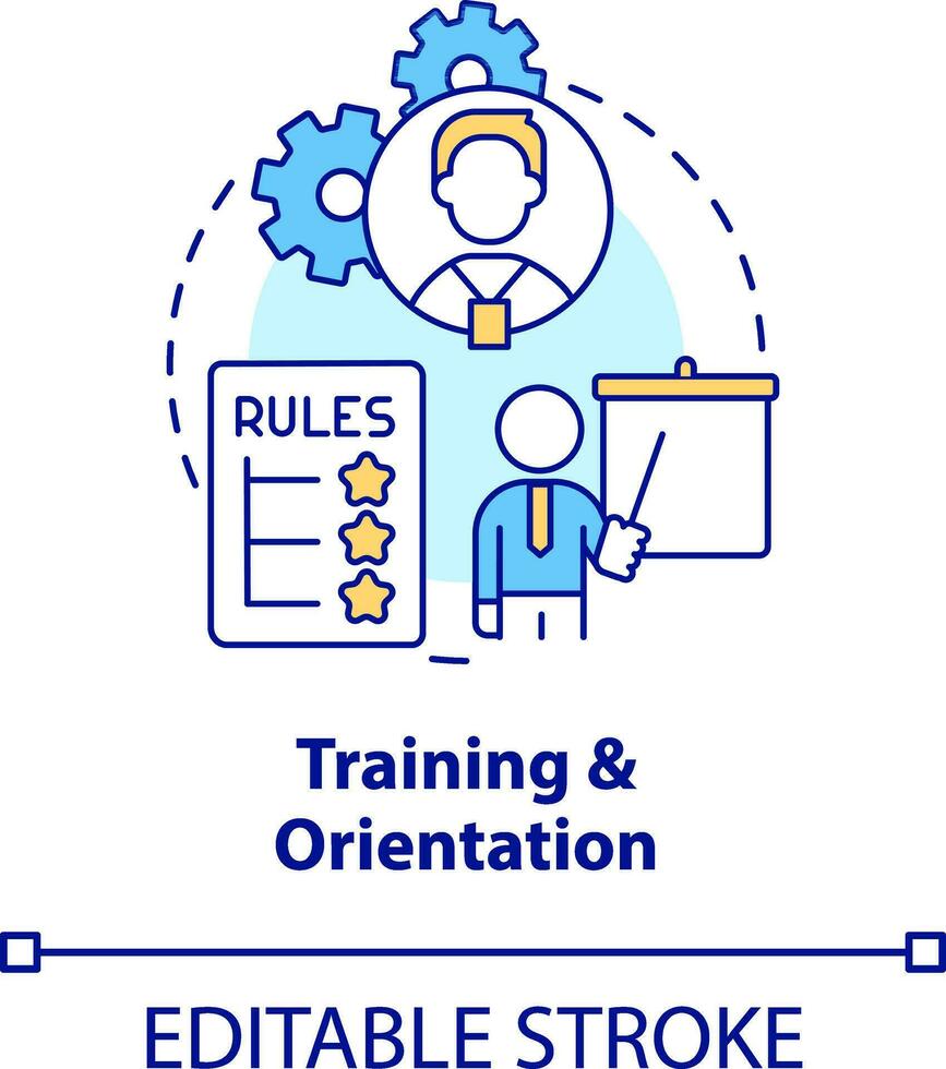 formazione e orientamento concetto icona. azienda regole presentazione. onboarding processi astratto idea magro linea illustrazione. isolato schema disegno. modificabile ictus vettore