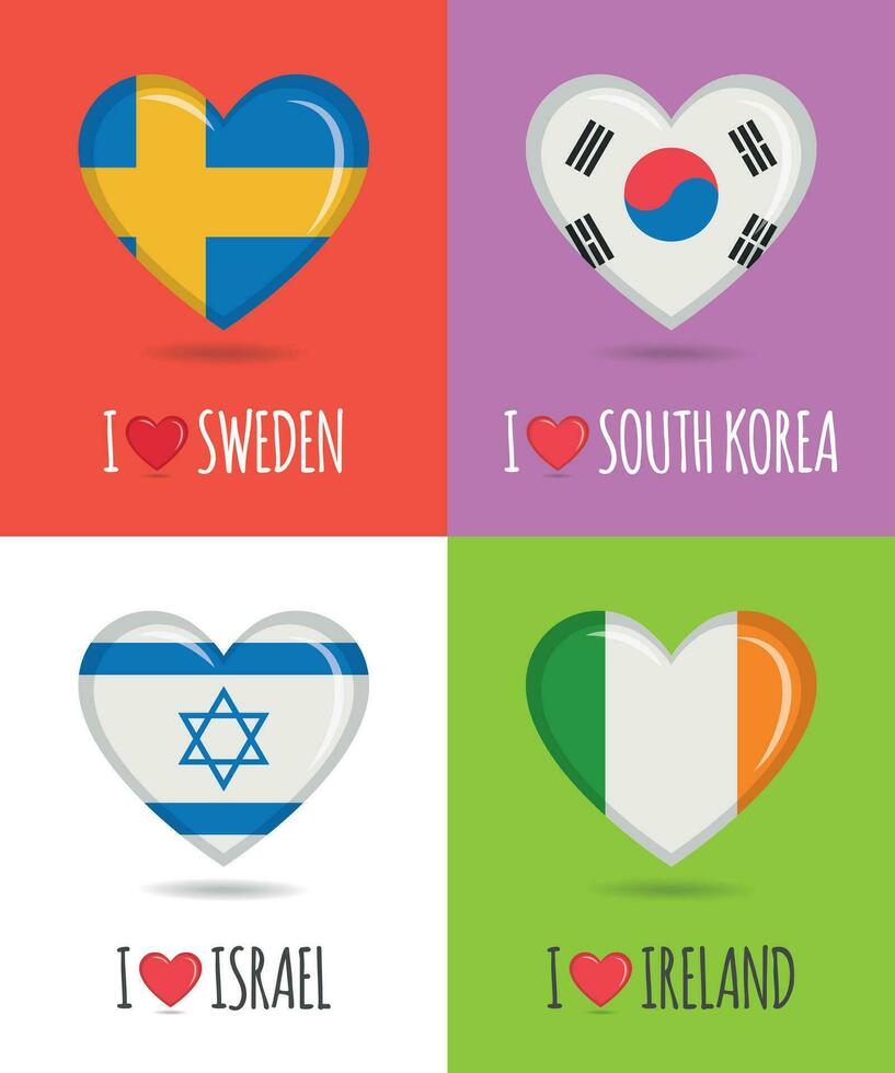 amorevole e colorato manifesti di Svezia, Sud Corea, Israele e Irlanda con cuore sagomato nazionale bandiera e testo vettore illustrazione