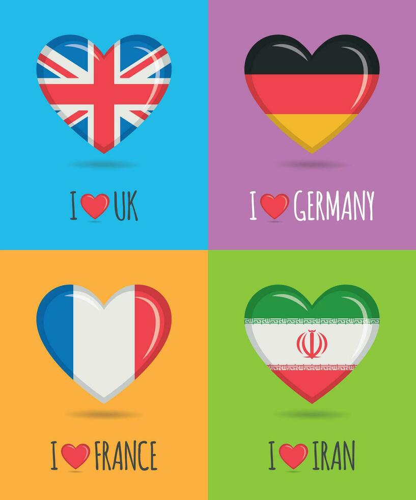 amorevole e colorato manifesti di UK, Germania, Francia e mi sono imbattuto con cuore sagomato nazionale bandiera e testo vettore illustrazione