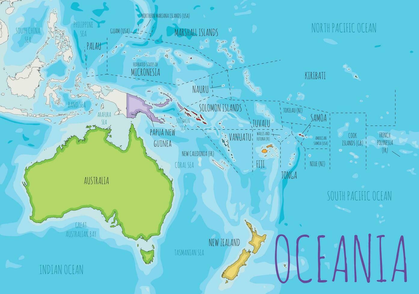 politico Oceania carta geografica vettore illustrazione con diverso colori per ogni nazione. modificabile e chiaramente etichettato strati.