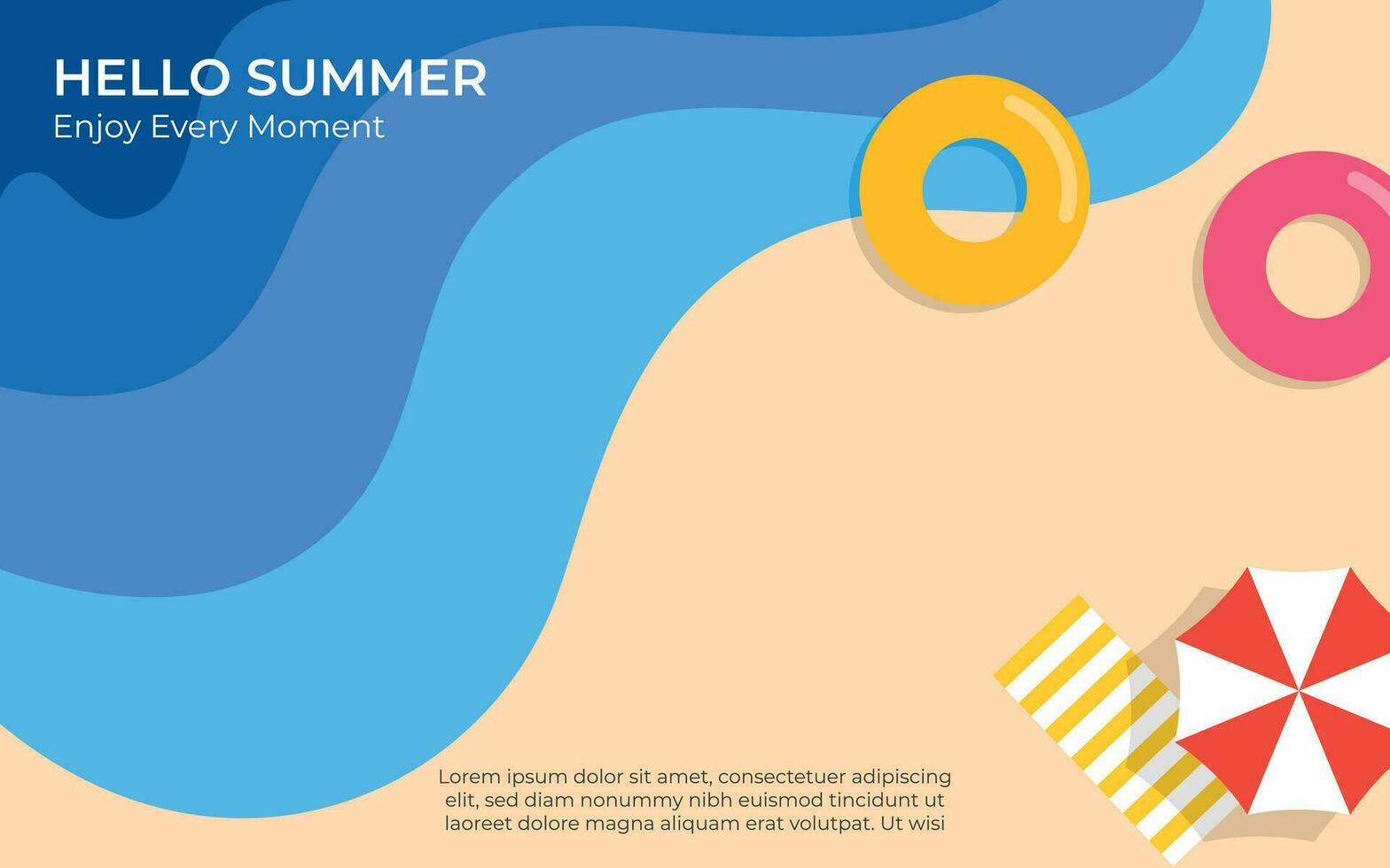 superiore Visualizza spiaggia sfondo con ombrelli, nuotata squillare e mare vettore