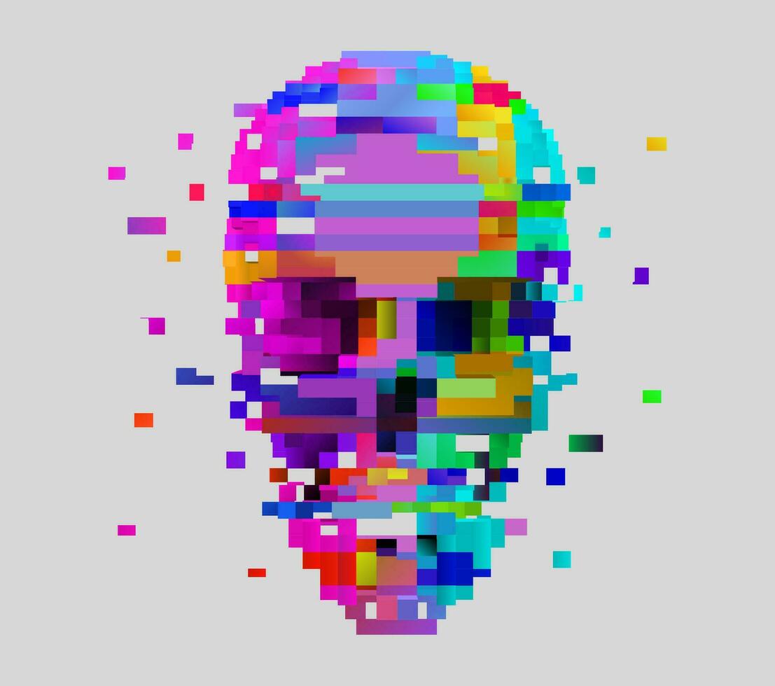 vettore pixel arte cranio. 3d problema tecnico disintegrazione effetto. neon colorato retrò video gioco stile design.