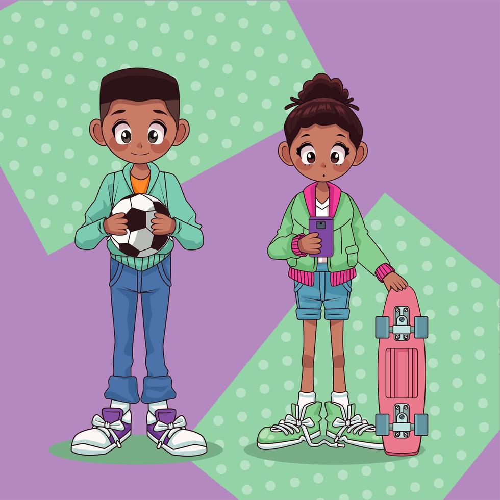 giovani adolescenti afro coppia con pallone da calcio e personaggi di skateboard vettore
