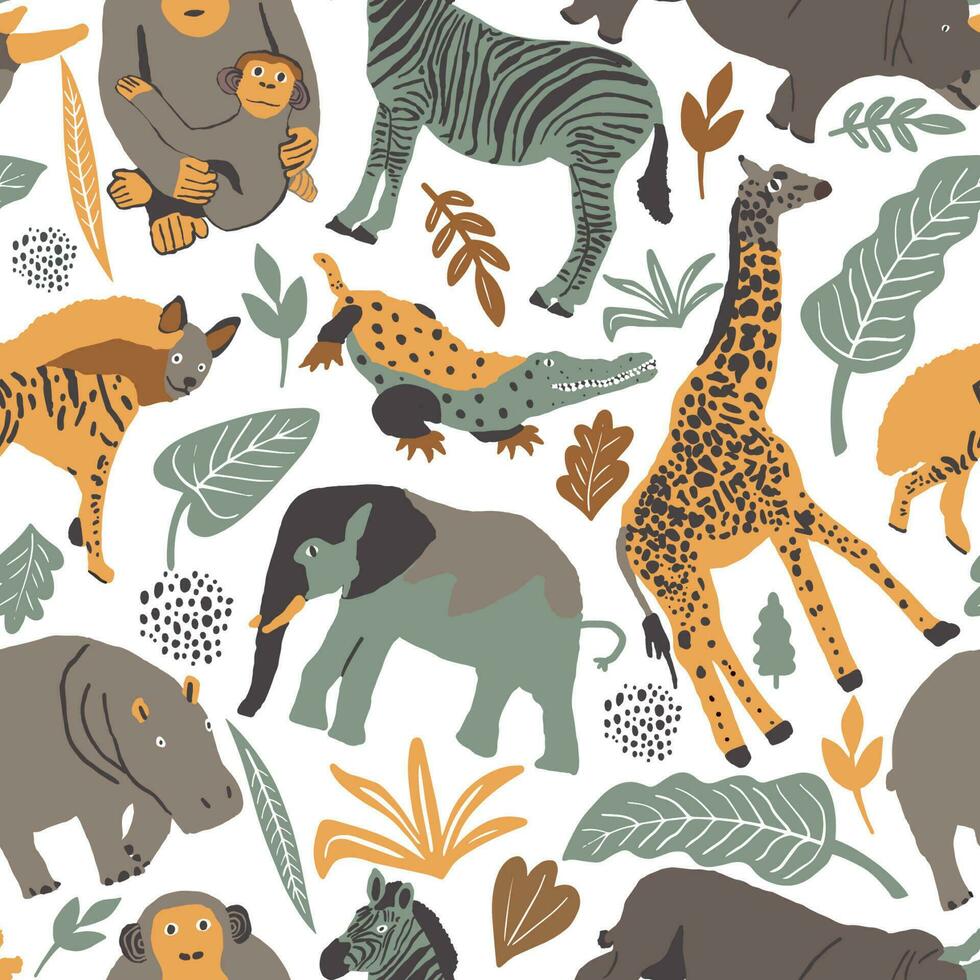 senza soluzione di continuità modello illustrazione di carino selvaggio safari africano animali. Compreso giraffa, elefante, iena, coccodrillo, ippopotamo, rinoceronte zebra cartone animato scarabocchio personaggi nel scandinavo stile. bambini vettore